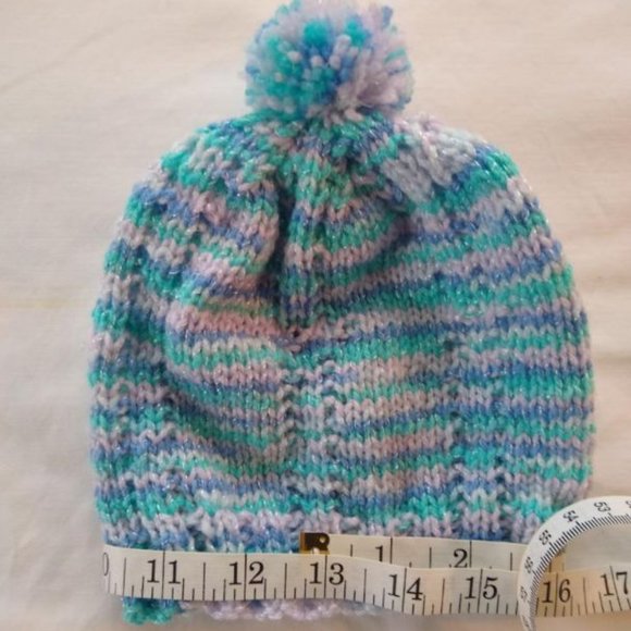 HandKnit Baby Cap Blue Multicolor with PomPom 0-3 Mon Infant Beanie - Picture 4 of 5